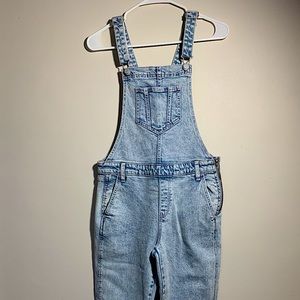 Old Navy light wash overalls w baby pink stitching